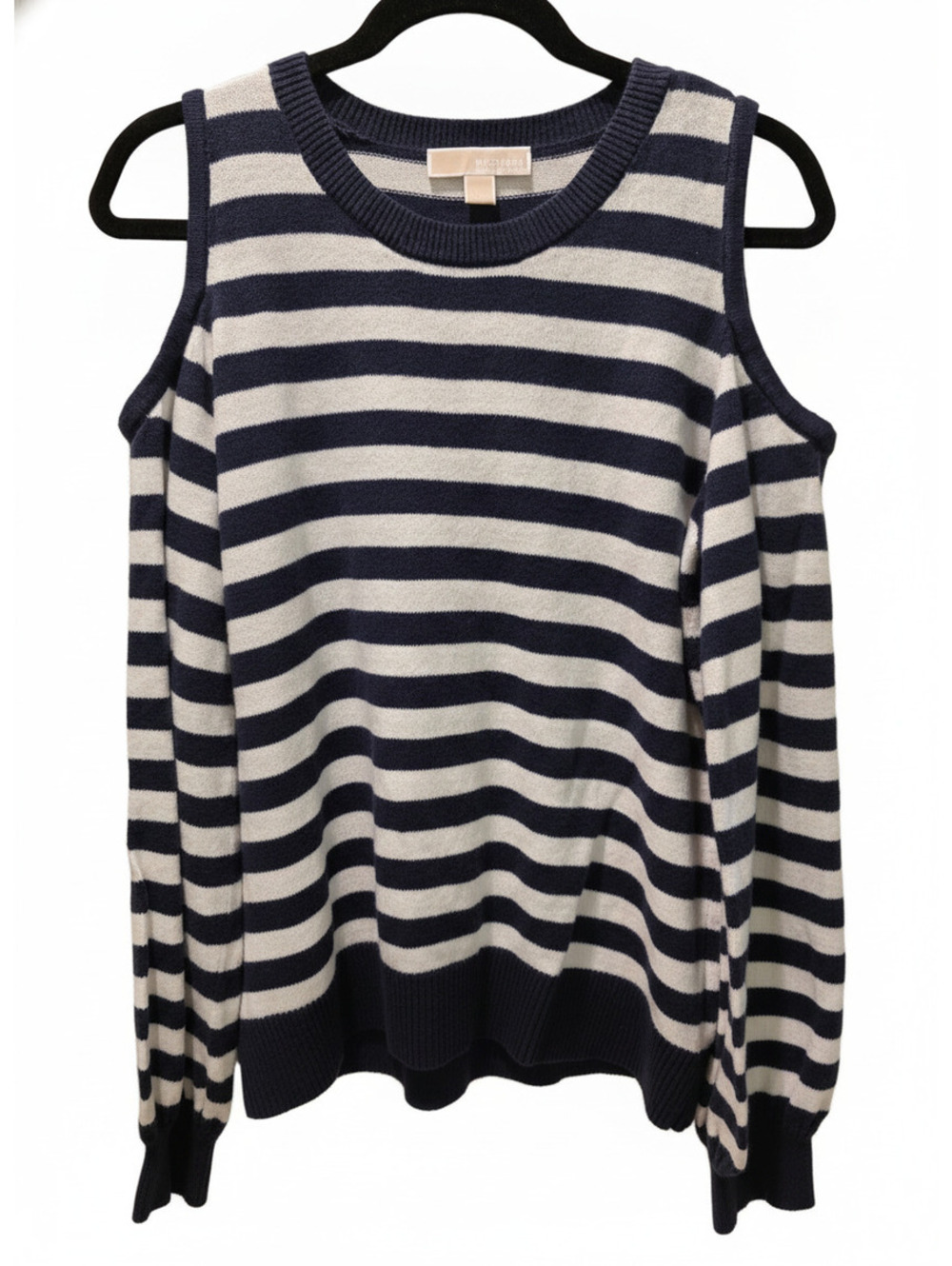 EUC Michael Kors Women's Navy and White Striped Cold Shoulder Sweater Size L